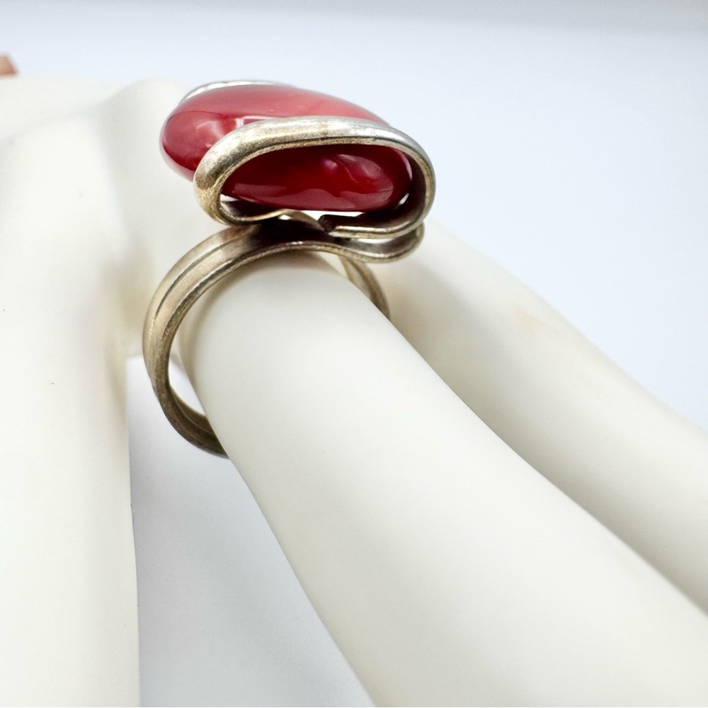 Red Coral Vintage Silver Plated Boho Ring 7 - Picture 5 of 9